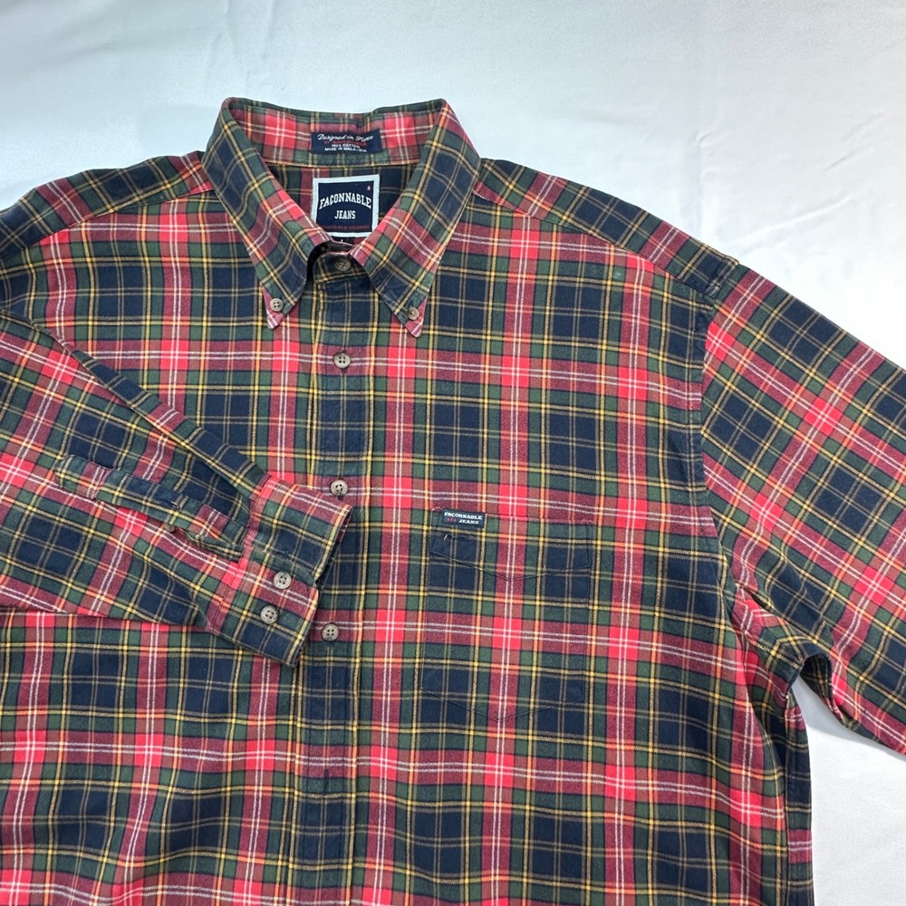 Faconnable Jeans Mens Button Down Shirt Long‎ Sleeve Flannel Plaid Casual, Large